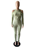 Green Casual Cotton Blend Off Shoulder Long Sleeve Back Bandage Hoodie High Waist Slit Ruffle Pants Solid Color Sets WM21907-4