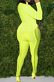 Neon Green Simple Wholesale Long Sleeve High Neck Bodycon Tops Pencil Pants Slim Fitting Sets L0363-3