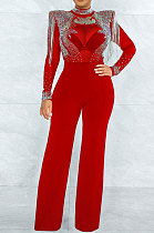 Red Women Fashion Sexy Bodycon High Collar Perspectivity Bling Bling Tassel Bodycon Jumpsuits CCY9232B-2