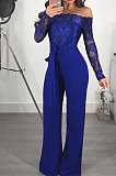 Blue Gold Side Bodycon Long Sleeve Embroidered Lace Patchwork Strapless Wide Leg Jumpsuits QZ3227-4