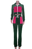 Dark Green Women Trendy Color Matching Crop Zipper Velvet Flare Leg Pants Sets MDF5265