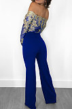 Blue Bodycon Long Sleeve Embroidered Lace Patchwork Strapless Wide Leg Jumpsuits QZ3227-5