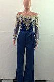 Black Gold Side Bodycon Long Sleeve Embroidered Lace Patchwork Strapless Wide Leg Jumpsuits QZ3227-2