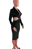 Orange Fashion Velvet Elastic Long Sleeve Deep V Neck Hollow Out Wrap Dress QZ7004-3