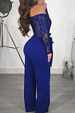 Blue Gold Side Bodycon Long Sleeve Embroidered Lace Patchwork Strapless Wide Leg Jumpsuits QZ3227-4