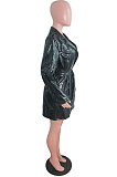 Black Fashion Winter Thicken PU Long Sleeve Lapel Neck With Beltband Dress QZ3327-1