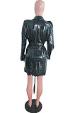 Black Fashion Winter Thicken PU Long Sleeve Lapel Neck With Beltband Dress QZ3327-1