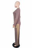 Grey Autumn Winter Long Sleeve V Neck Tops Contarst Color Bandage Wide Leg Pants Casual Sets L0362-2