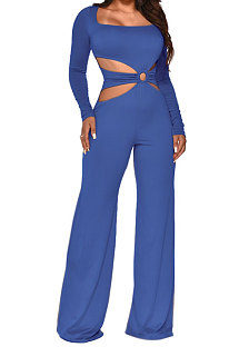 Blue Sexy Cotton Blend Pure Color Long Sleeve Hollow Out Wide Leg Jumpsuits QZ6128-4