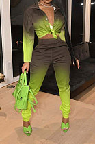 Green Women Fashion Gradient Long Sleeve Turn-Down Collar Single-Breasted Pants Sets FFE185-2