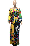 Multicolor Printing Wholesale Women A Wrod Shoulder Puff Sleeve Collect Waist Swing Maxi Dress BDF8098
