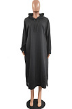 Black Cotton Blend Casual Pure Color Long Sleeve Loose Hooded Dress H1726-4