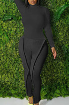 Black Simple Wholesale Long Sleeve High Neck Bodycon Tops Pencil Pants Slim Fitting Sets L0363-2