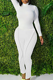 White Simple Wholesale Long Sleeve High Neck Bodycon Tops Pencil Pants Slim Fitting Sets L0363-1