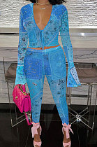 Blue Euramerican Women Fashion Sexy Mesh Spaghetti Printing Horn Sleeve Pants Sets FFE180-3