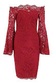 Wine Red Sexy Fashion A Wrod Shoulder Horn Sleeve Lace Strapless Hip Dress QZ3072-1