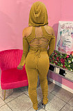 Yellow Casual Cotton Blend Off Shoulder Long Sleeve Back Bandage Hoodie High Waist Slit Ruffle Pants Solid Color Sets WM21907-5