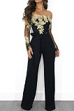 Blue Bodycon Long Sleeve Embroidered Lace Patchwork Strapless Wide Leg Jumpsuits QZ3227-5
