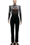 Blue Women Fashion Sexy Bodycon High Collar Perspectivity Bling Bling Tassel Bodycon Jumpsuits CCY9232B-3