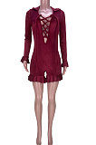 Red Women Sexy V Collar Casual Eyelet Bandage Solid Color Flounce Hooded Romper Shorts MDF5262-1