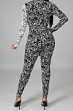 Black White Wholesale Contarstcolor Spliced Letter Printing Long Sleeve V Collar Beltband Bodycon Jumpsuits TL6611-2