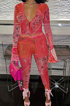 Red Euramerican Women Fashion Sexy Mesh Spaghetti Printing Horn Sleeve Pants Sets FFE180-1