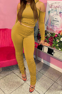 Yellow Casual Cotton Blend Off Shoulder Long Sleeve Back Bandage Hoodie High Waist Slit Ruffle Pants Solid Color Sets WM21907-5