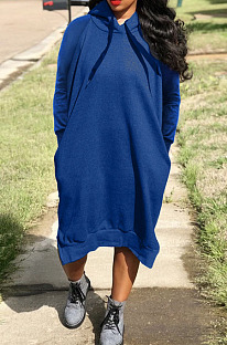 Blue Cotton Blend Casual Pure Color Long Sleeve Loose Hooded Dress H1726-5