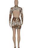 Leopard Women Sexy Backless Long Sleeve Half Turtle Neck Bodycon Mini Dress FFE182