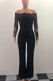 Wine Red Bodycon Long Sleeve Embroidered Lace Patchwork Strapless Wide Leg Jumpsuits QZ3227-1