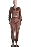 Khaki Casual Velvet Pure Color Long Sleeve Zip Front Hoodie High Waist Elasticbelt Sweat Pants Sets SY8826-3