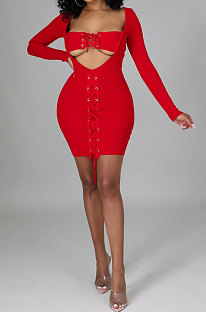 Red Women Long Sleeve Autumn Ribber Eyelet Tied Solid Color Bodycon Mini Dress Q965-2