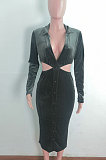 Khaki Fashion Velvet Elastic Long Sleeve Deep V Neck Hollow Out Wrap Dress QZ7004-2