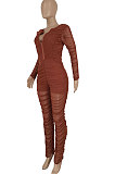 Brown Women Fashion Sexy Mesh Spaghetti Long Sleeve Zipper Ruffle Bodycon Jumpsuits FFE186-1