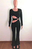 Brow Sexy Cotton Blend Pure Color Long Sleeve Hollow Out Wide Leg Jumpsuits QZ6128-1