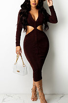 Drak Purple Fashion Velvet Elastic Long Sleeve Deep V Neck Hollow Out Wrap Dress QZ7004-4