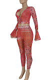 Red Euramerican Women Fashion Sexy Mesh Spaghetti Printing Horn Sleeve Pants Sets FFE180-1