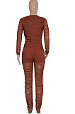 Brown Women Fashion Sexy Mesh Spaghetti Long Sleeve Zipper Ruffle Bodycon Jumpsuits FFE186-1