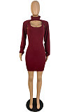 Wine Red Sexy Simple Pure Color Lantern Sleeve Half A Shawl+Bodycon Hip Dress Two-Piece TL6617-2