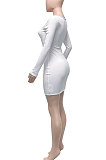 White Women Long Sleeve Autumn Ribber Eyelet Tied Solid Color Bodycon Mini Dress Q965-1