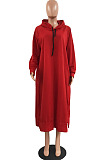 Wine Red Cotton Blend Casual Pure Color Long Sleeve Loose Hooded Dress H1726-1