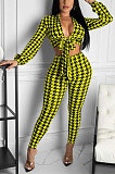Rose Red Women Sexy Printing Long Sleeve V Collar Tied Bodycon Pants Sets FFE183-3