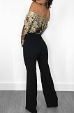 Wine Red Bodycon Long Sleeve Embroidered Lace Patchwork Strapless Wide Leg Jumpsuits QZ3227-1