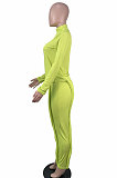 Neon Green Simple Wholesale Long Sleeve High Neck Bodycon Tops Pencil Pants Slim Fitting Sets L0363-3