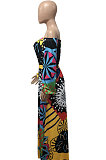 Multicolor Printing Wholesale Women A Wrod Shoulder Puff Sleeve Collect Waist Swing Maxi Dress BDF8098