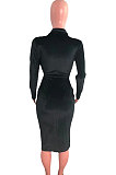 Khaki Fashion Velvet Elastic Long Sleeve Deep V Neck Hollow Out Wrap Dress QZ7004-2