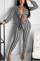 White Women Sexy Printing Long Sleeve V Collar Tied Bodycon Pants Sets FFE183-1