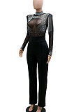 Red Women Fashion Sexy Bodycon High Collar Perspectivity Bling Bling Tassel Bodycon Jumpsuits CCY9232B-2