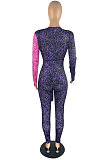 Purple Pink Wholesale Contarstcolor Spliced Letter Printing Long Sleeve V Collar Beltband Bodycon Jumpsuits TL6611-3