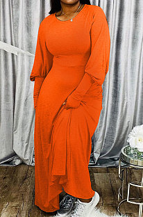 Orange Big Yards Cotton Blend Loose Long Sleeve Round Collar Collect Waist Maxi Dress BDF8002-4